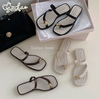 XIXITIAO Women Outdoor Soft-Soled Flip-Flops Versatile Solid Color Beach Sandals French Minimalist Style Flat Square Toe Sandals
