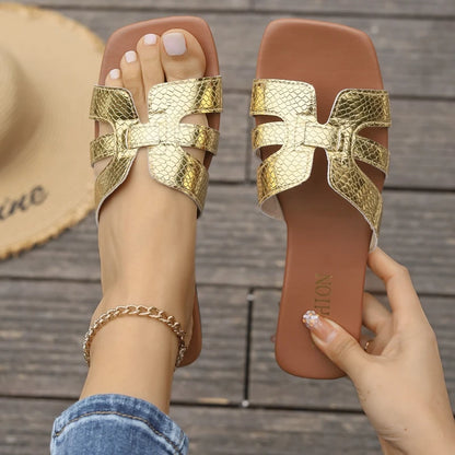 2025 Summer New Women'S Solid Color Slippers Lightweight Square Open Toed Casual Slippers Women'S Flat Sandals