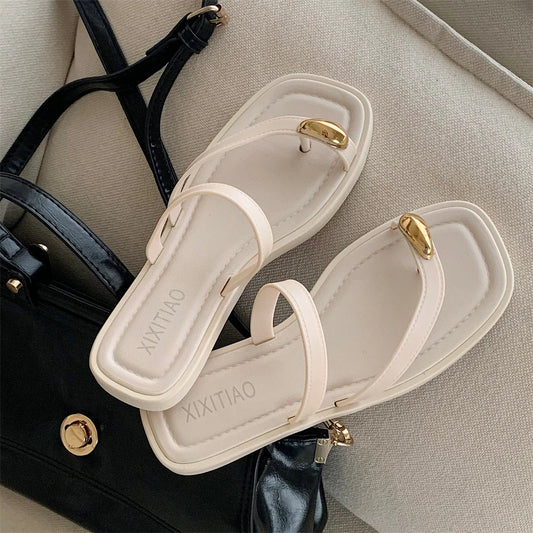 XIXITIAO Women Outdoor Soft-Soled Flip-Flops Versatile Solid Color Beach Sandals French Minimalist Style Flat Square Toe Sandals