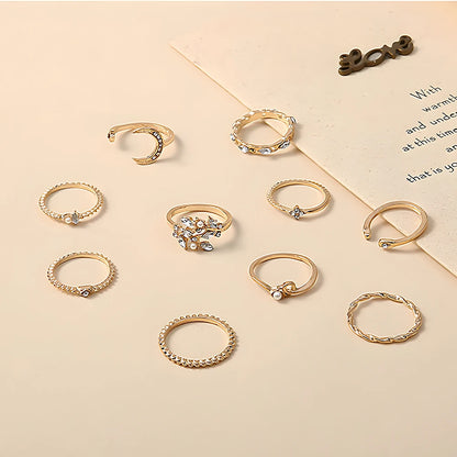10Pcs Rings Suit for Women Gold-Color Chain Ring Set Bohemian Style Coin Snake Moon Star Party Leaves Love Trend Gift Jewelry