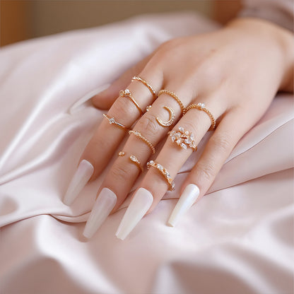 10Pcs Rings Suit for Women Gold-Color Chain Ring Set Bohemian Style Coin Snake Moon Star Party Leaves Love Trend Gift Jewelry