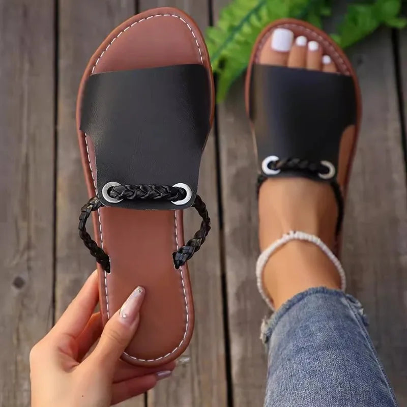 Ladies' Multicolored Faux Leather Woven Rope Flat Bottom Slippers with Exposed Toes, Lightweight Summer Beach Casual Sandals