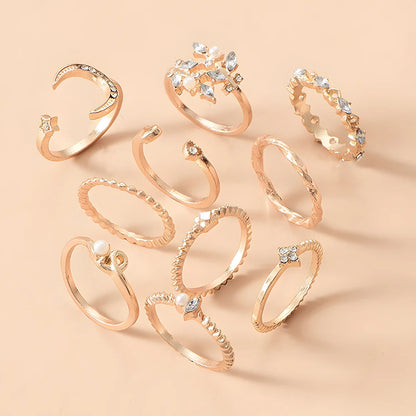 10Pcs Rings Suit for Women Gold-Color Chain Ring Set Bohemian Style Coin Snake Moon Star Party Leaves Love Trend Gift Jewelry
