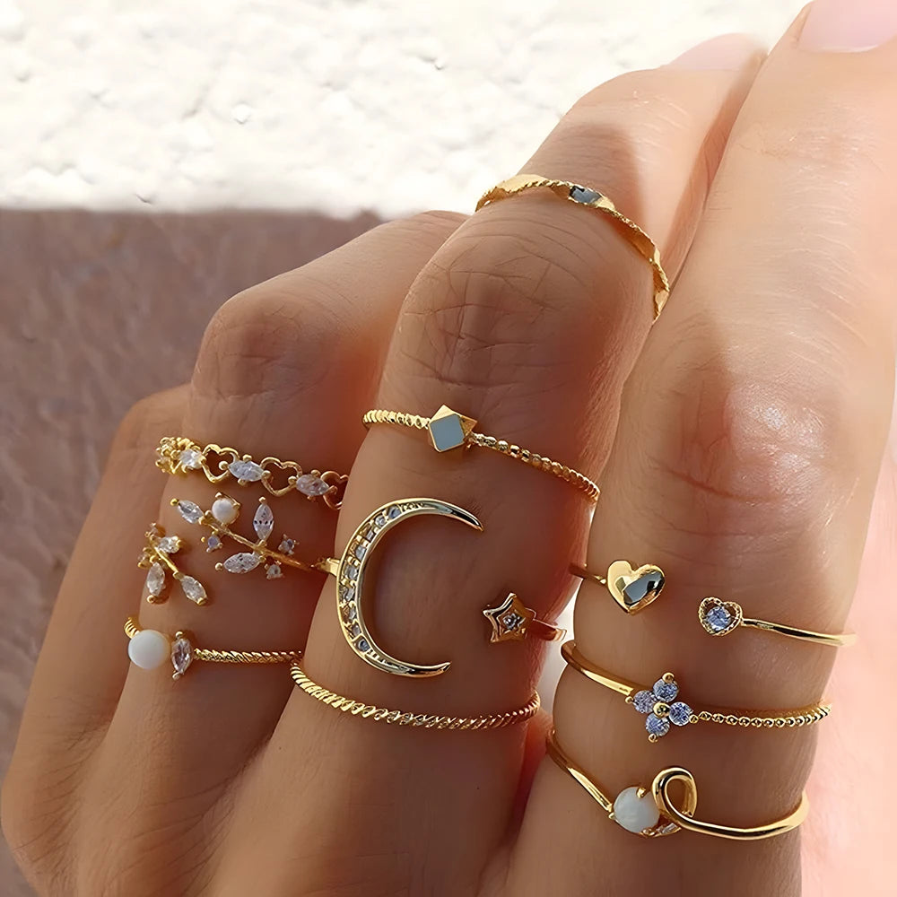 10Pcs Rings Suit for Women Gold-Color Chain Ring Set Bohemian Style Coin Snake Moon Star Party Leaves Love Trend Gift Jewelry