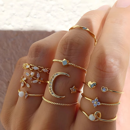 10Pcs Rings Suit for Women Gold-Color Chain Ring Set Bohemian Style Coin Snake Moon Star Party Leaves Love Trend Gift Jewelry
